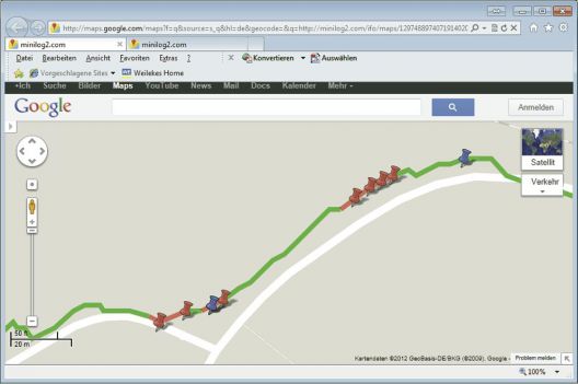 IFO Messung mit Route und Fehlstellenmarkierung in Google® Maps